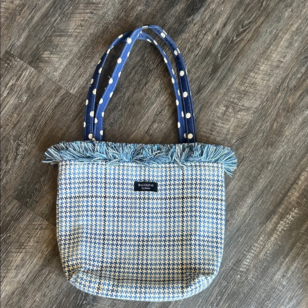 Bagplitas by Janice  Blue Houndstooth Tote with Fringe and Polka Dot Handles